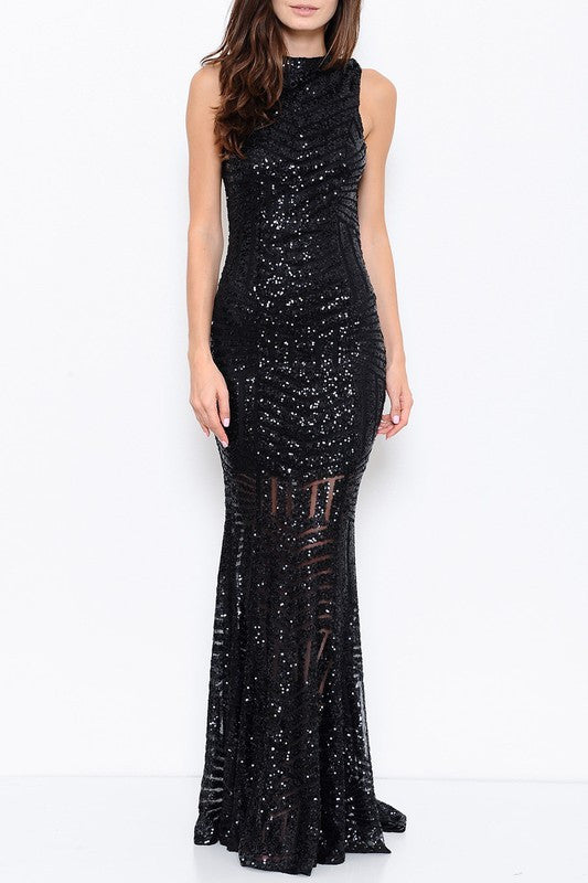 Elegant Open Back Cocktail Sequence Black Gown Dress