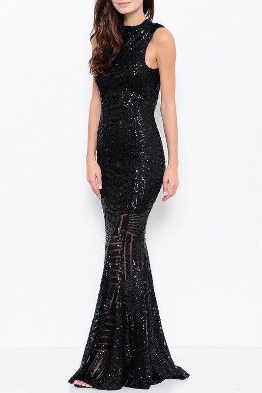 Elegant Open Back Cocktail Sequence Black Gown Dress