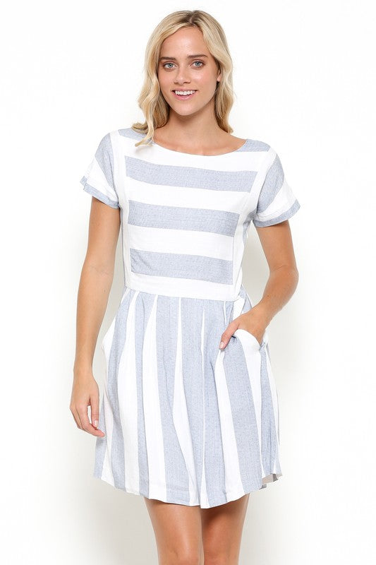 Elegant Blue Striped White Dress