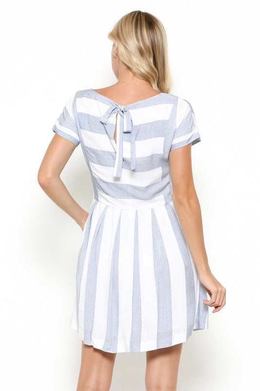 Elegant Blue Striped White Dress