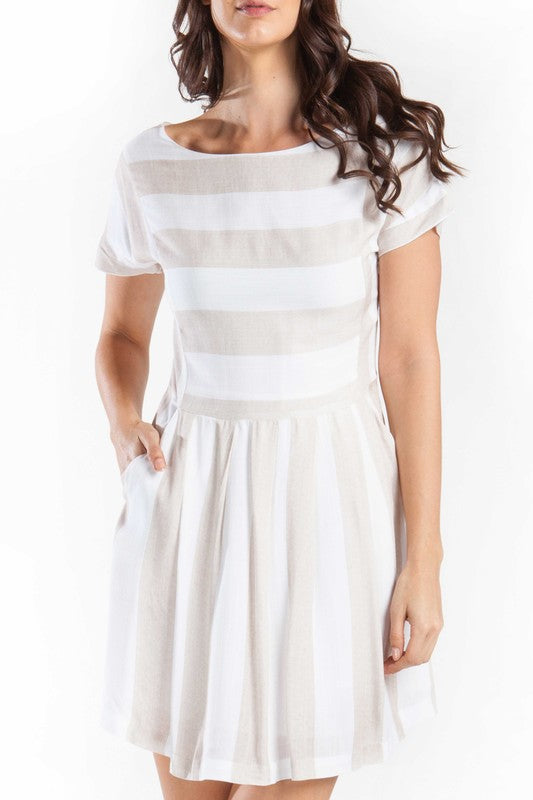 Elegant Beige Striped White Dress