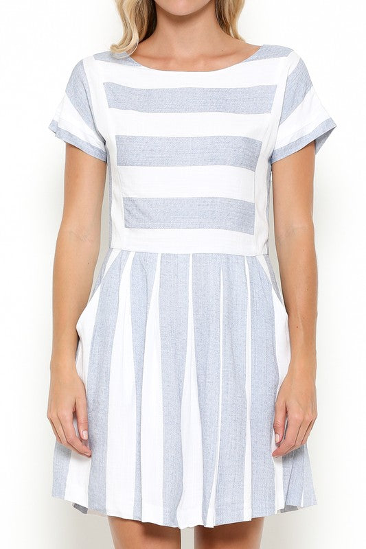 Elegant Blue Striped White Dress