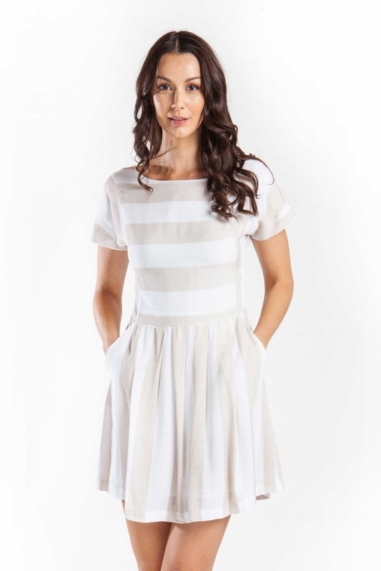 Elegant Beige Striped White Dress – EDITE MODE