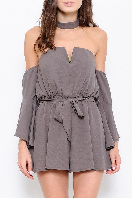 Elegant Off Shoulder Bell Sleeve Olive Romper