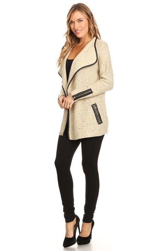 Glitter Textured Beige Cardigan with Zipper Detailed