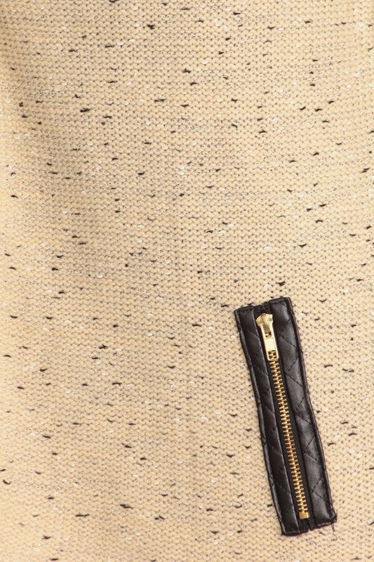 Glitter Textured Beige Cardigan with Zipper Detailed
