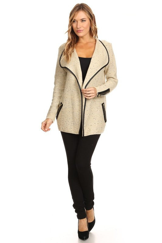 Glitter Textured Beige Cardigan with Zipper Detailed