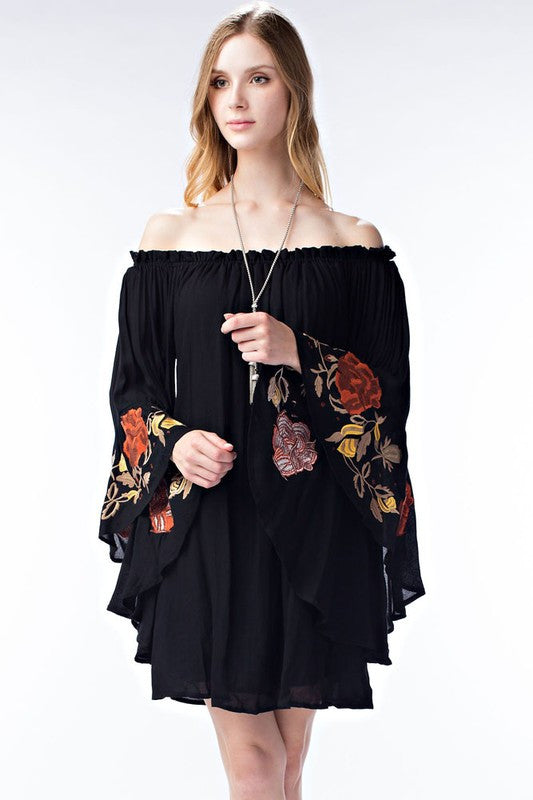 Fashion Embroidery Bell Sleeve Off Shoulder Black Dress