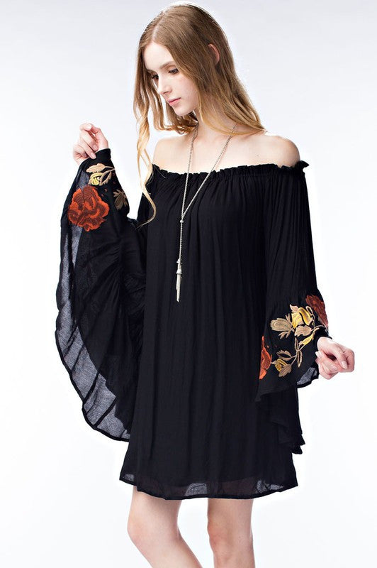Fashion Embroidery Bell Sleeve Off Shoulder Black Dress