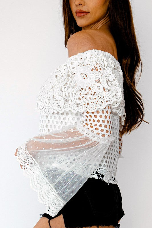 Selfie Leslie Elegant Off Shoulder White Lace Crochet Floral Detailed Top with Bell Sleeve S / White