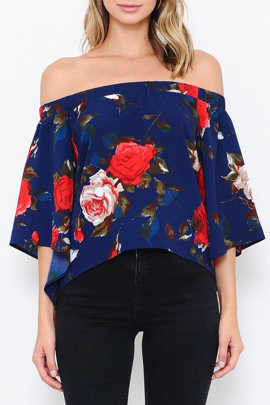 Elegant Blue Floral Off Shoulder Open Back Top