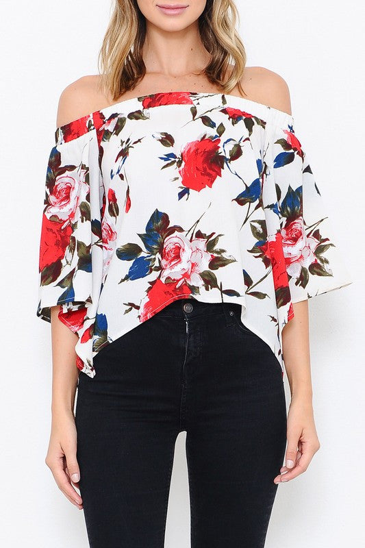Elegant Ivory Floral Off Shoulder Open Back Top