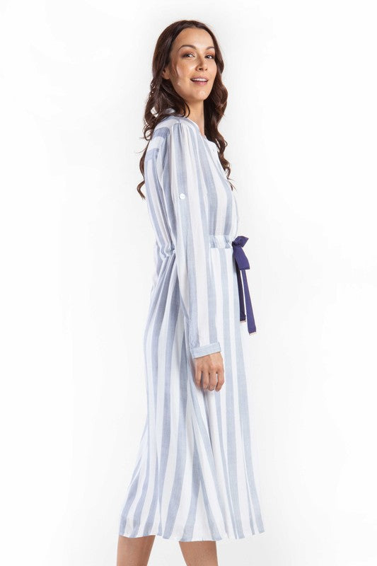 Elegant Blue Striped White Shirt Dress
