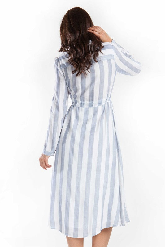 Elegant Blue Striped White Shirt Dress