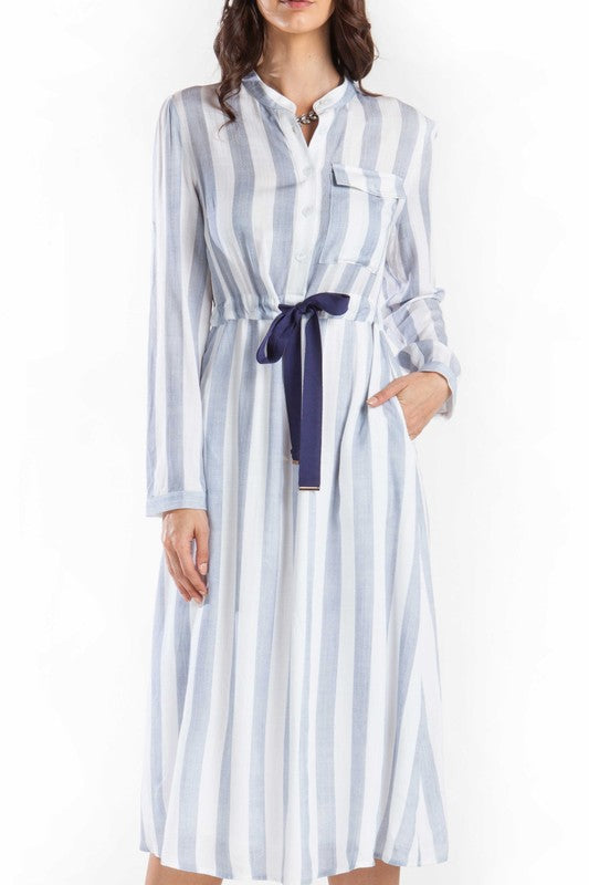 Elegant Blue Striped White Shirt Dress