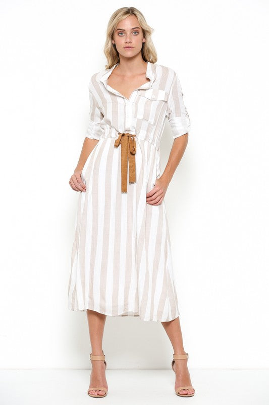 Elegant Beige Striped White Shirt Dress