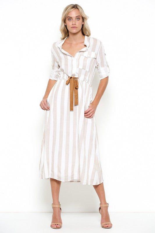 Elegant Beige Striped White Shirt Dress EDITE MODE Elegant Beige Striped White Shirt Dress EDITE MODE