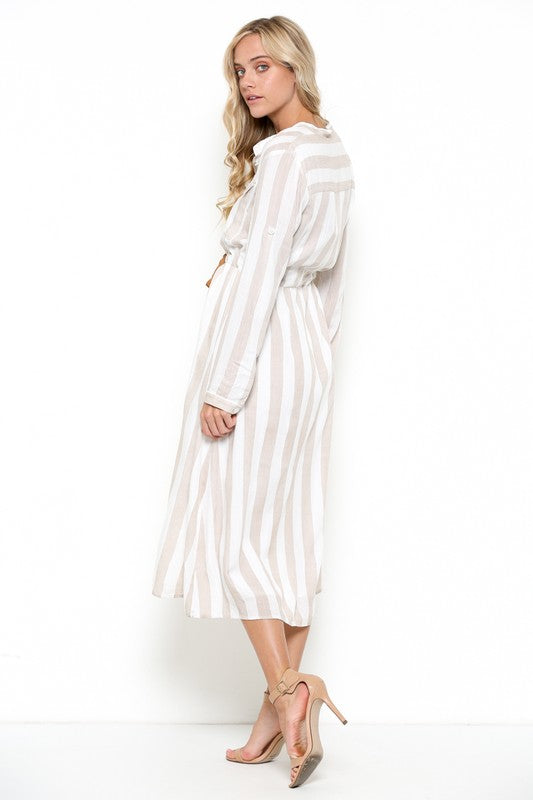 Elegant Beige Striped White Shirt Dress Elegant Beige Striped White Shirt Dress