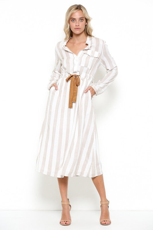 Elegant Beige Striped White Shirt Dress