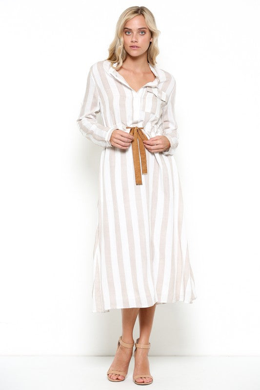 Elegant Beige Striped White Shirt Dress EDITE MODE Elegant Beige Striped White Shirt Dress EDITE MODE