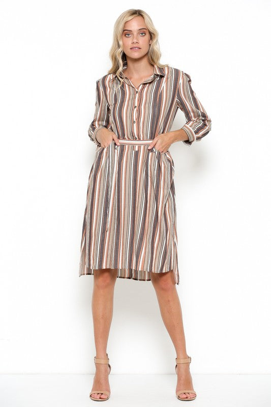 Elegant Multi-Color Striped Beige Shirt Dress