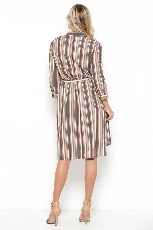 Elegant Multi-Color Striped Beige Shirt Dress