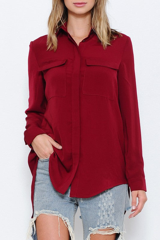Fashion Burgundy Back Split Blouse