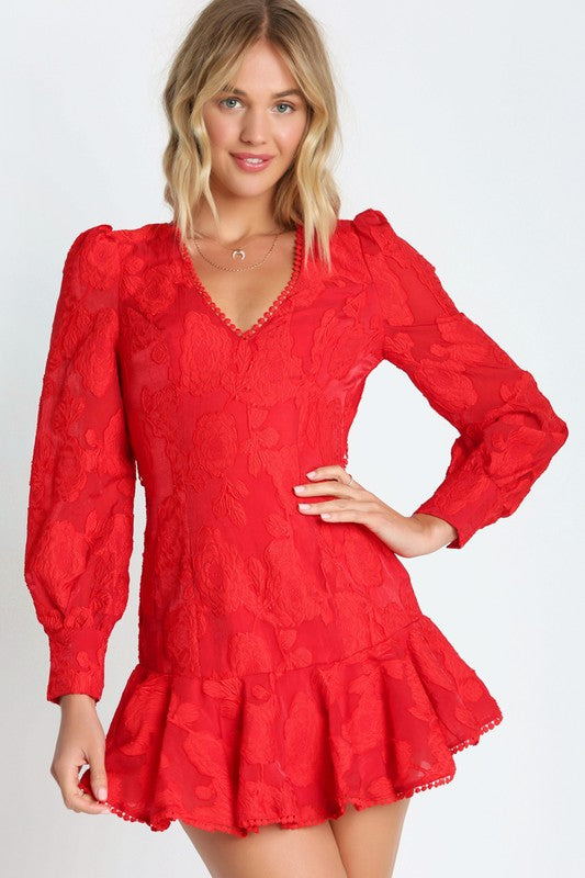 Fashion Red Floral Lace Detailed Puffy Ruffle Tassel Dress with Long Sleeve