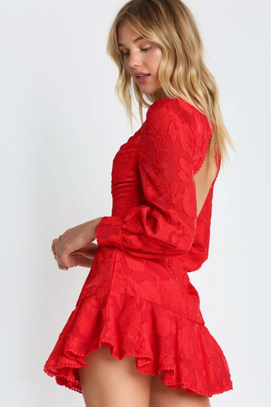 Fashion Red Floral Lace Detailed Puffy Ruffle Tassel Dress with Long Sleeve