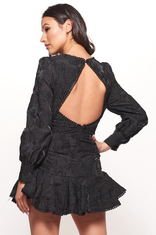 Fashion Black Floral Lace Puffy Ruffle Tassel Dress with Long Sleeve