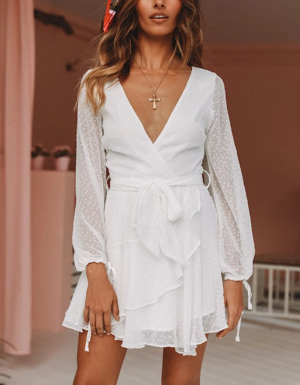 Fashion White Texture Detailed Ruffle Tie-Up Dress with Long Sleeve