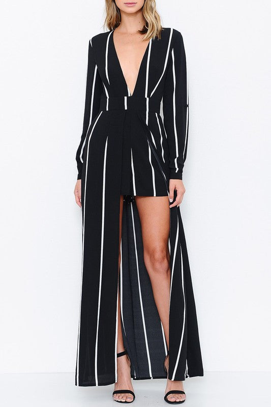 Elegant Black Stripe Maxi Romper with Long Sleeve