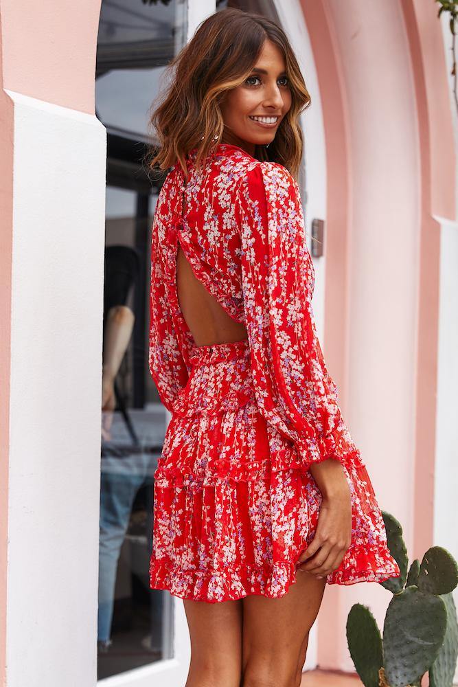 Fashion Red Multi-Color Floral Print V-Neck Ruffle Dress