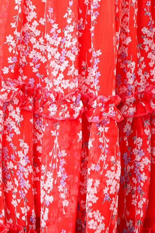 Fashion Red Multi-Color Floral Print V-Neck Ruffle Dress