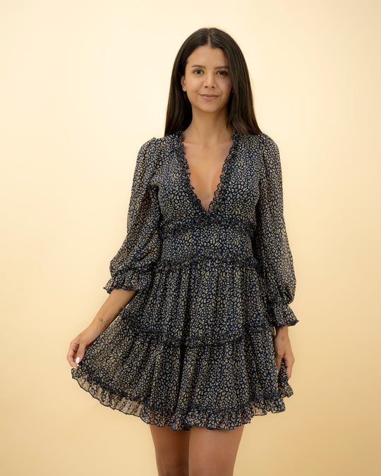 Fashion Navy Floral Print V-Neck Ruffle Dress