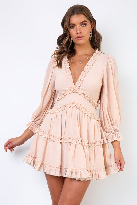 Fashion Beige V-Neck Ruffle Dress