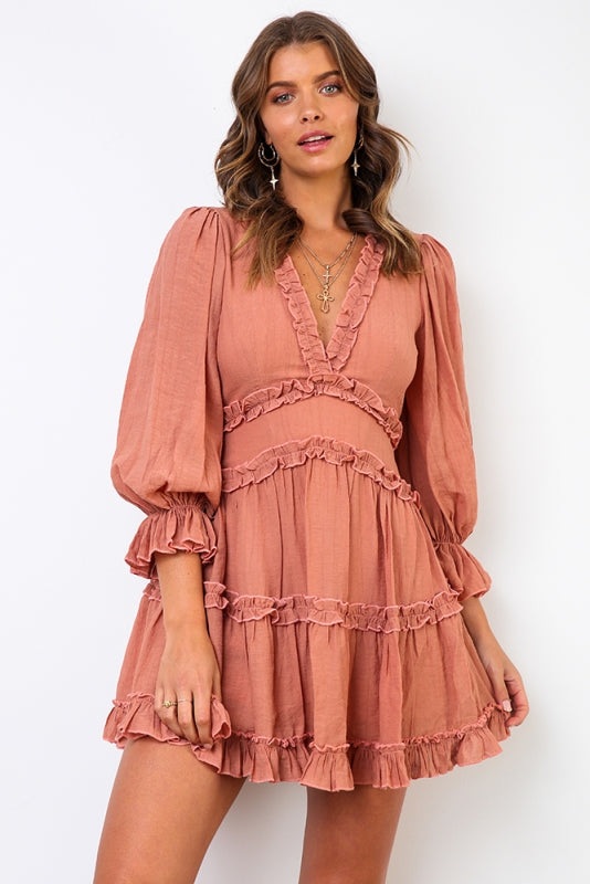 Fashion Rose V-Neck Ruffle Dress