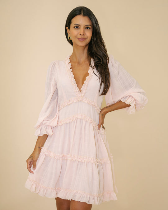 Fashion Beige Detailed Print V-Neck Ruffle Dress