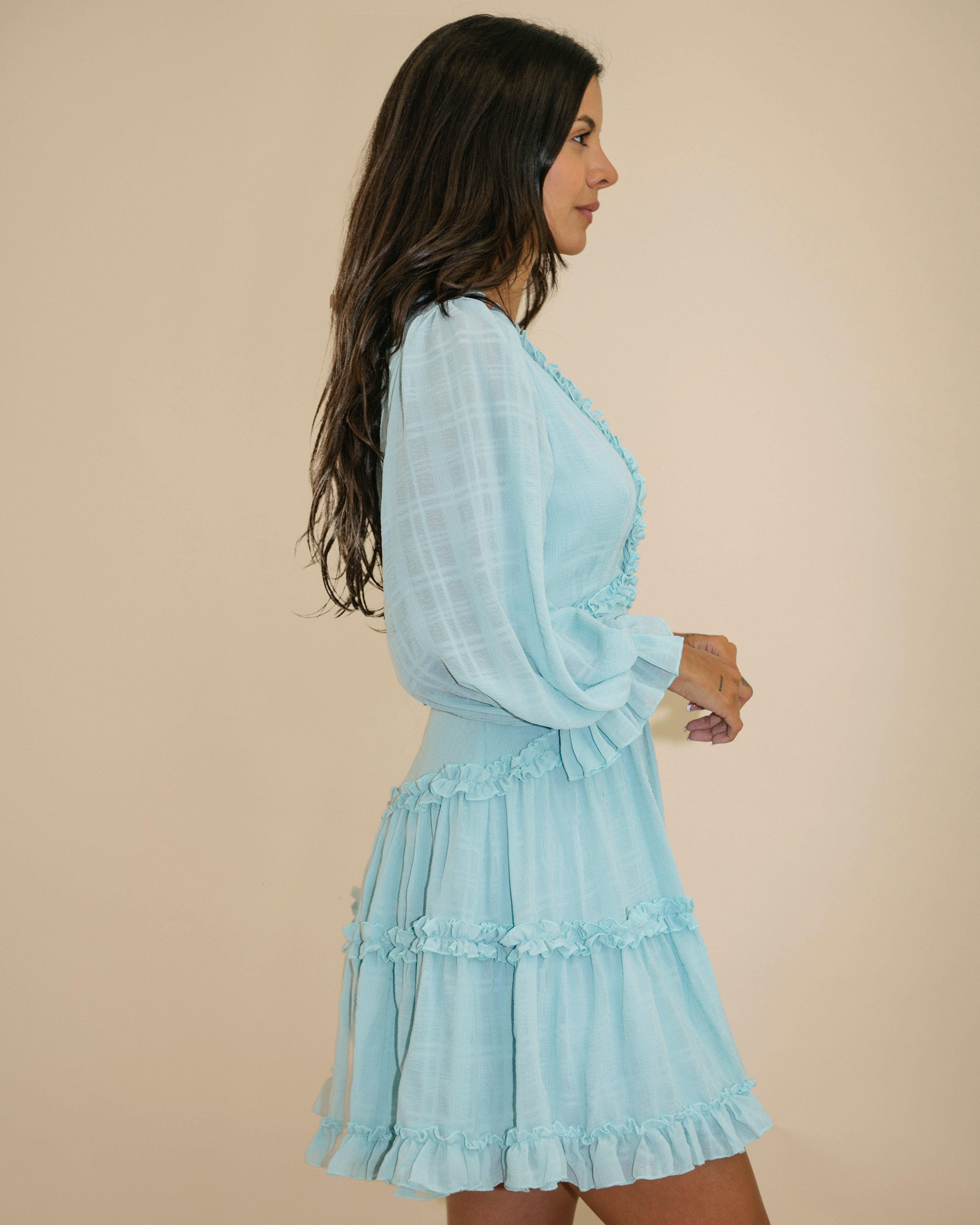 Fashion Light Blue Detailed Print V-Neck Ruffle Dress