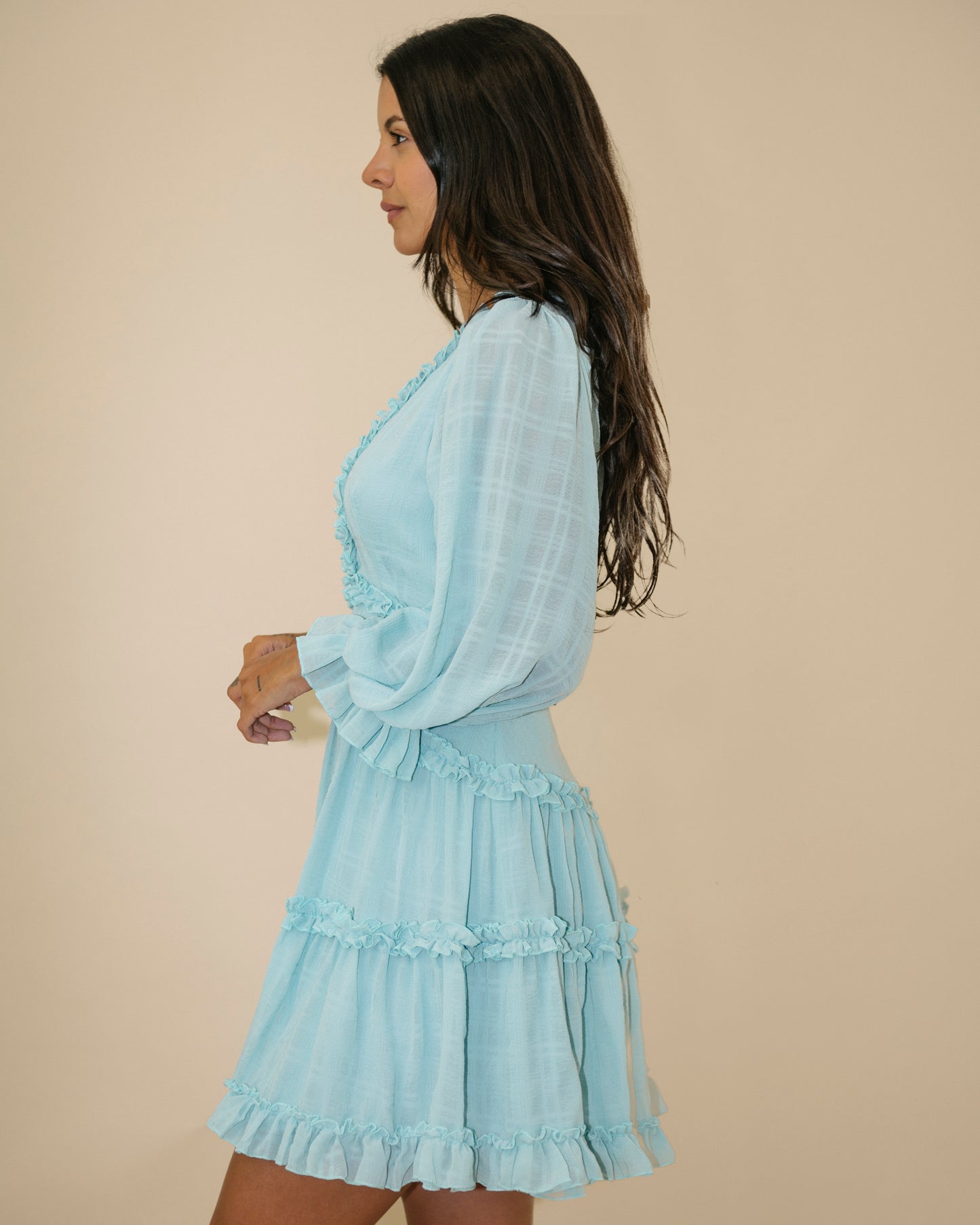 Fashion Light Blue Detailed Print V-Neck Ruffle Dress