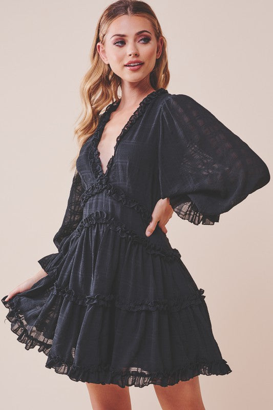 Fashion Black Detailed Print V-Neck Ruffle Dress