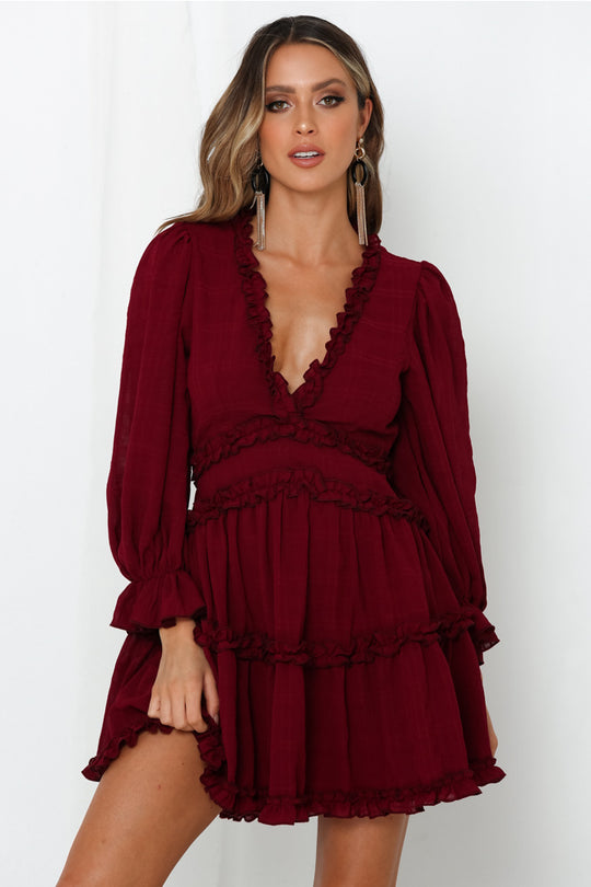 Fashion Plum Detailed Print V-Neck Ruffle Dress