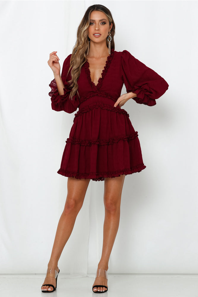 Fashion Plum Detailed Print V-Neck Ruffle Dress