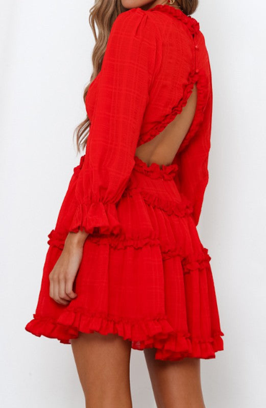 Fashion Red Detailed Print V-Neck Ruffle Dress