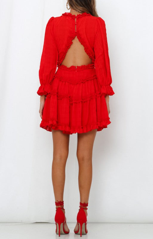 Fashion Red Detailed Print V-Neck Ruffle Dress