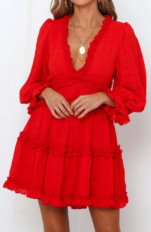 Fashion Red Detailed Print V-Neck Ruffle Dress