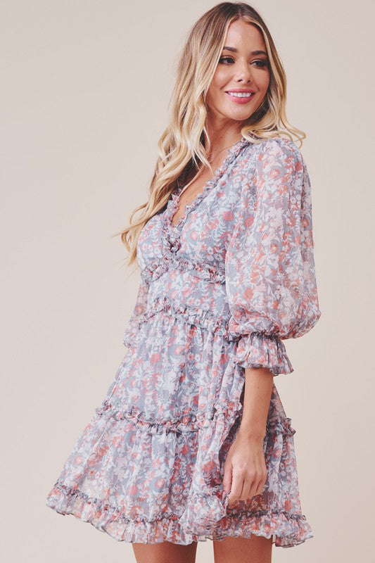Fashion Grey Orange Multi-Color Floral Print V-Neck Ruffle Dress