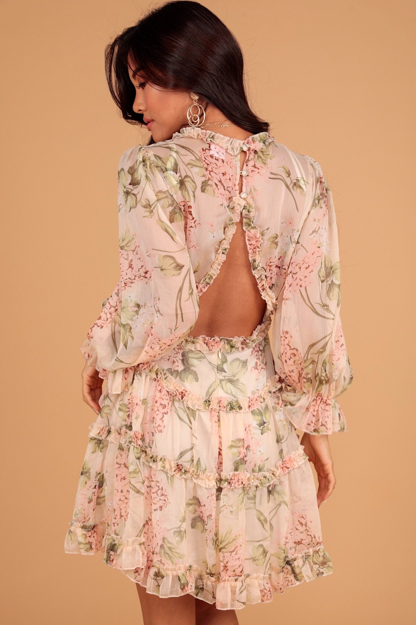Fashion Nude Multi-Color Floral Print V-Neck Ruffle Dress