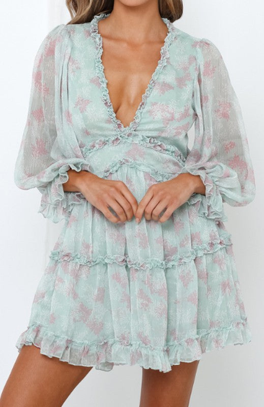 Fashion Mint Multi-Color Leaf Print V-Neck Ruffle Dress