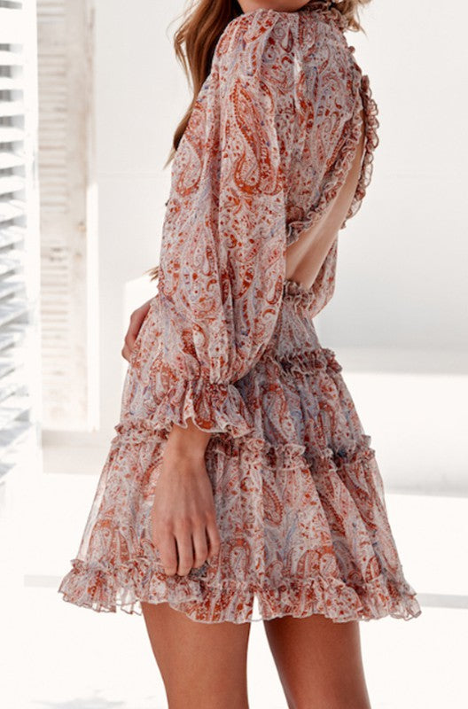 Fashion Rust Multi-Color Baroque Print V-Neck Ruffle Dress